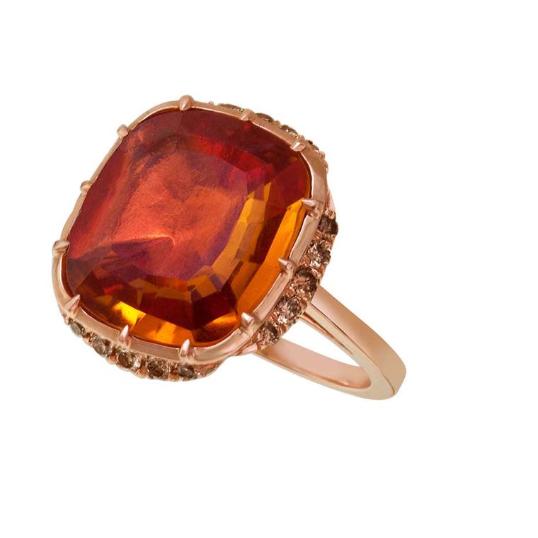 Larkspur & Hawk Caprice Wren honey citrine ring in rose gold with rose foil and diamonds ($5,400).